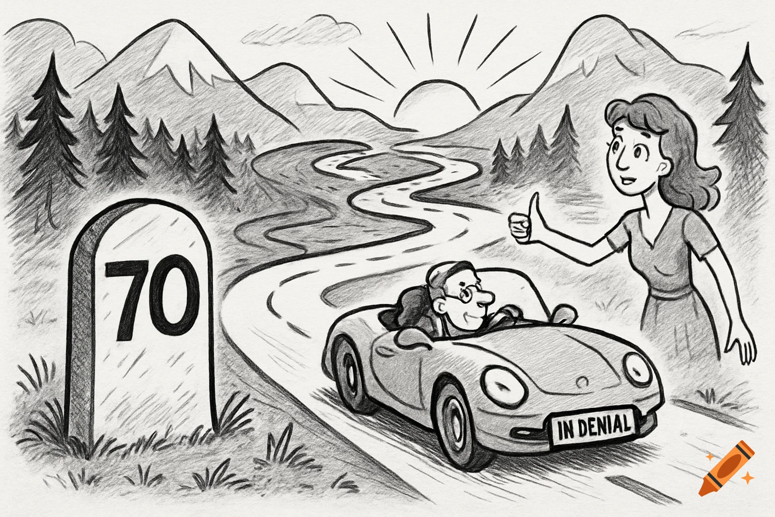Humorous B&W cartoon of a man in a sports car with 'IN DENIAL' plate, passing a '70' milestone, as a woman hitches on a winding mountain road at sunset.