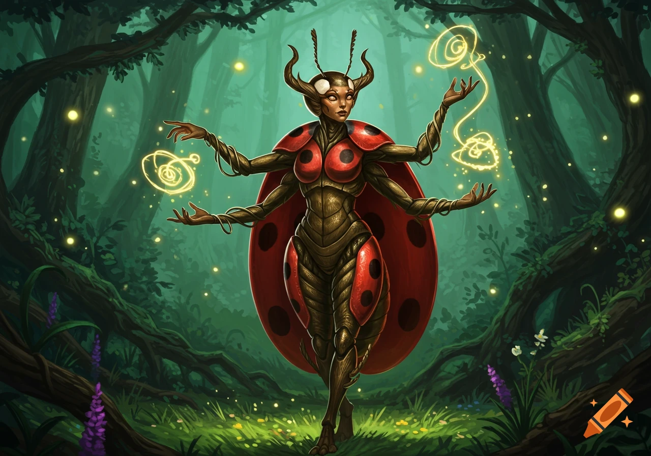 A humanoid ladybug creature with four arms and glowing magical energy, standing in a mystical forest.