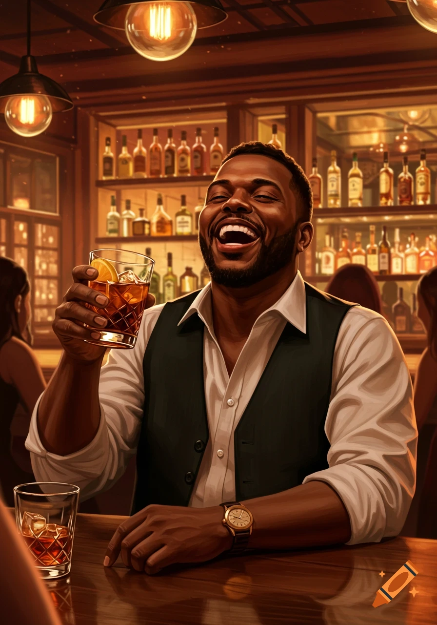 A man in a vest laughs joyfully, holding a cocktail at a warmly lit bar with bottles on shelves in the background.