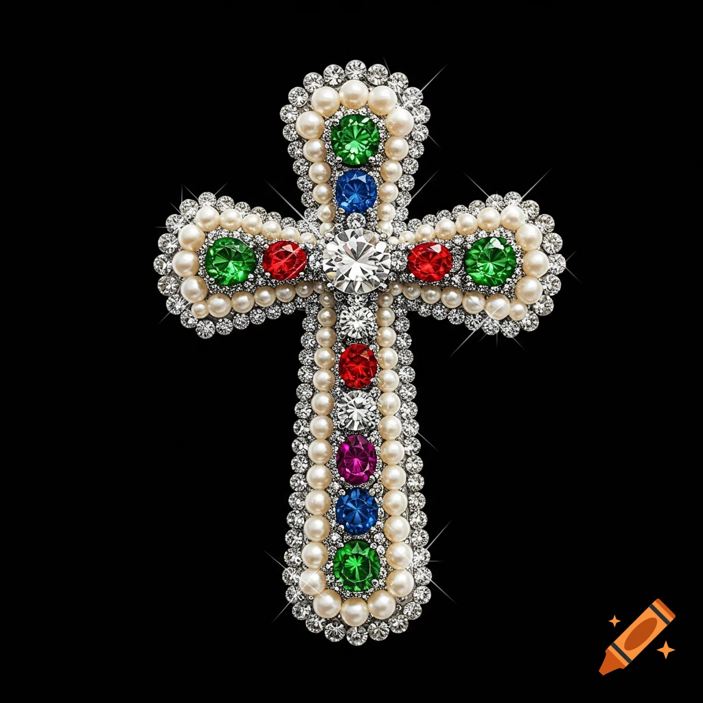 A sparkling cross adorned with white pearls, diamonds, and colorful gemstones on a black background.
