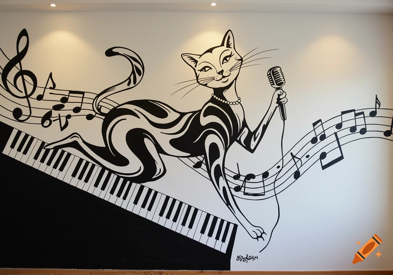 A black and white mural depicting a stylized cat holding a microphone, with a piano keyboard and musical notes.