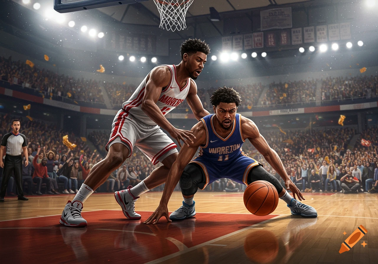 Two basketball players on a court during a game, one in a white jersey guarding another in a blue jersey dribbling the ball, in a crowded stadium. Photorealistic style.