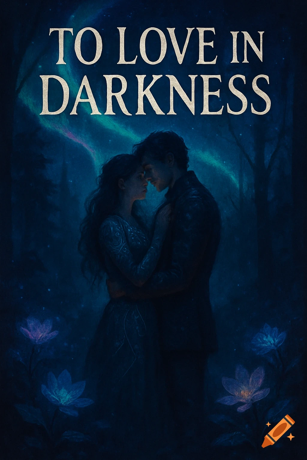 A romantic fantasy book cover showing a man and woman embracing in a dark forest under aurora borealis with glowing flowers. Text: TO LOVE IN DARKNESS.