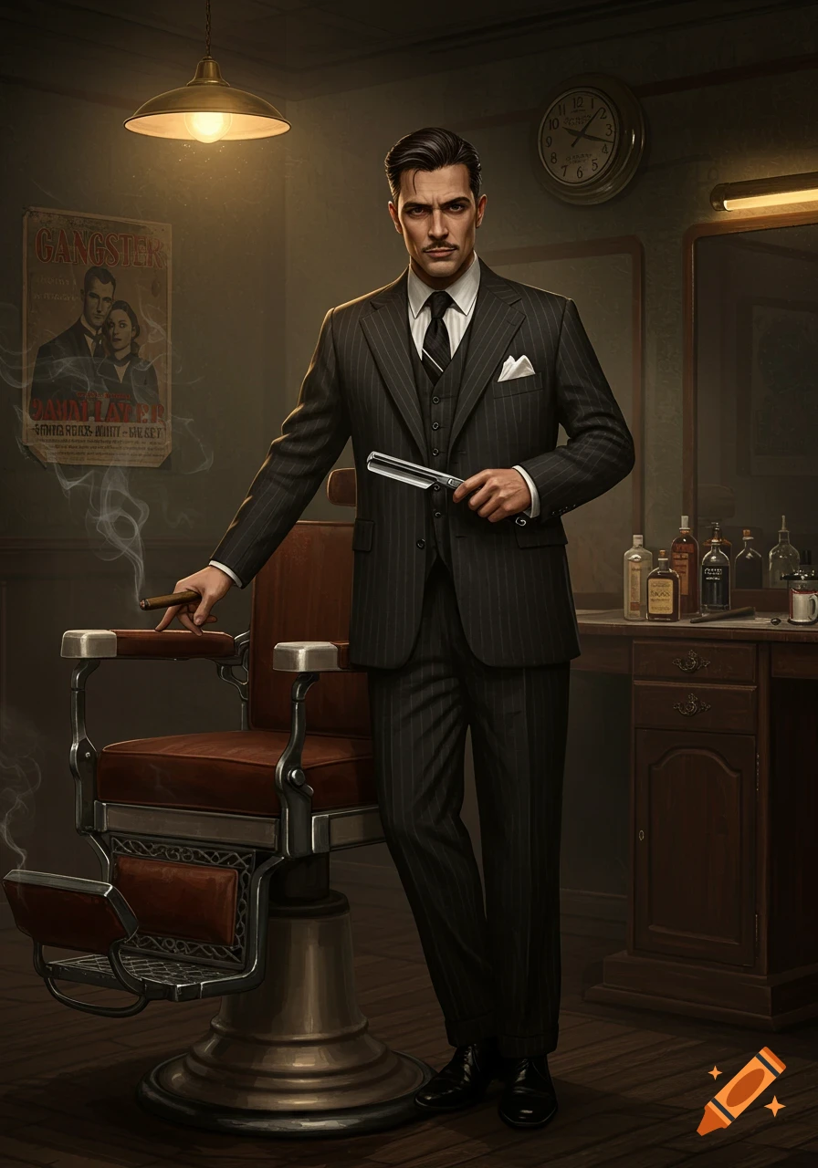 A man in a pinstripe suit holds a straight razor and a cigar in a vintage barbershop with a poster on the wall.