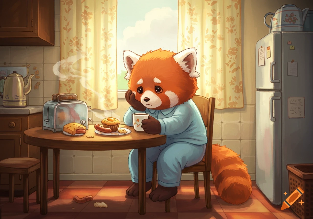 A sad red panda in blue pajamas sits at a kitchen table with breakfast, in a 90s cartoon and Studio Ghibli style.