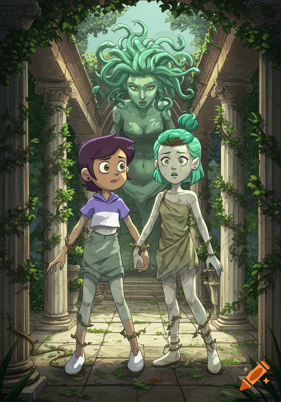 Luz and Amity, partly petrified and bound by vines, hold hands before a large Medusa statue in ancient ruins. Cartoon style.
