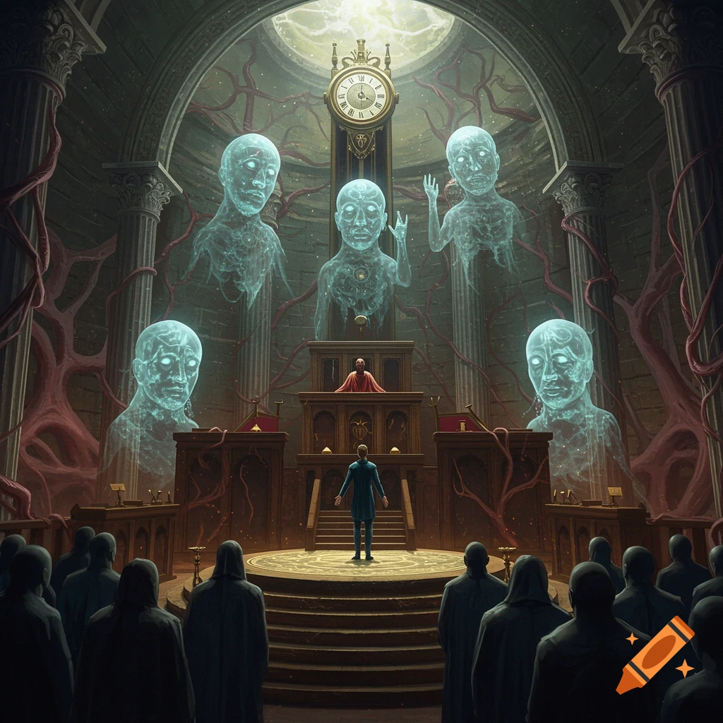 A man stands on a platform in a grand, eerie hall with large glowing ghostly figures floating above. Root-like structures adorn the walls, and a large clock hangs overhead. A crowd of cloaked figures watches from below.
