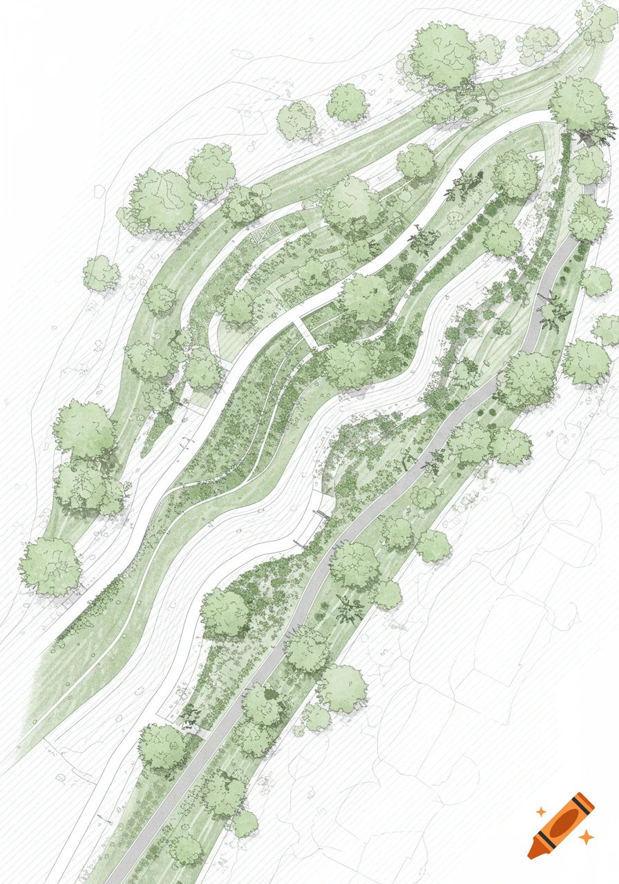 Minimalist aerial site plan with curved walking paths, tree canopies, and native plant zones on a white background.