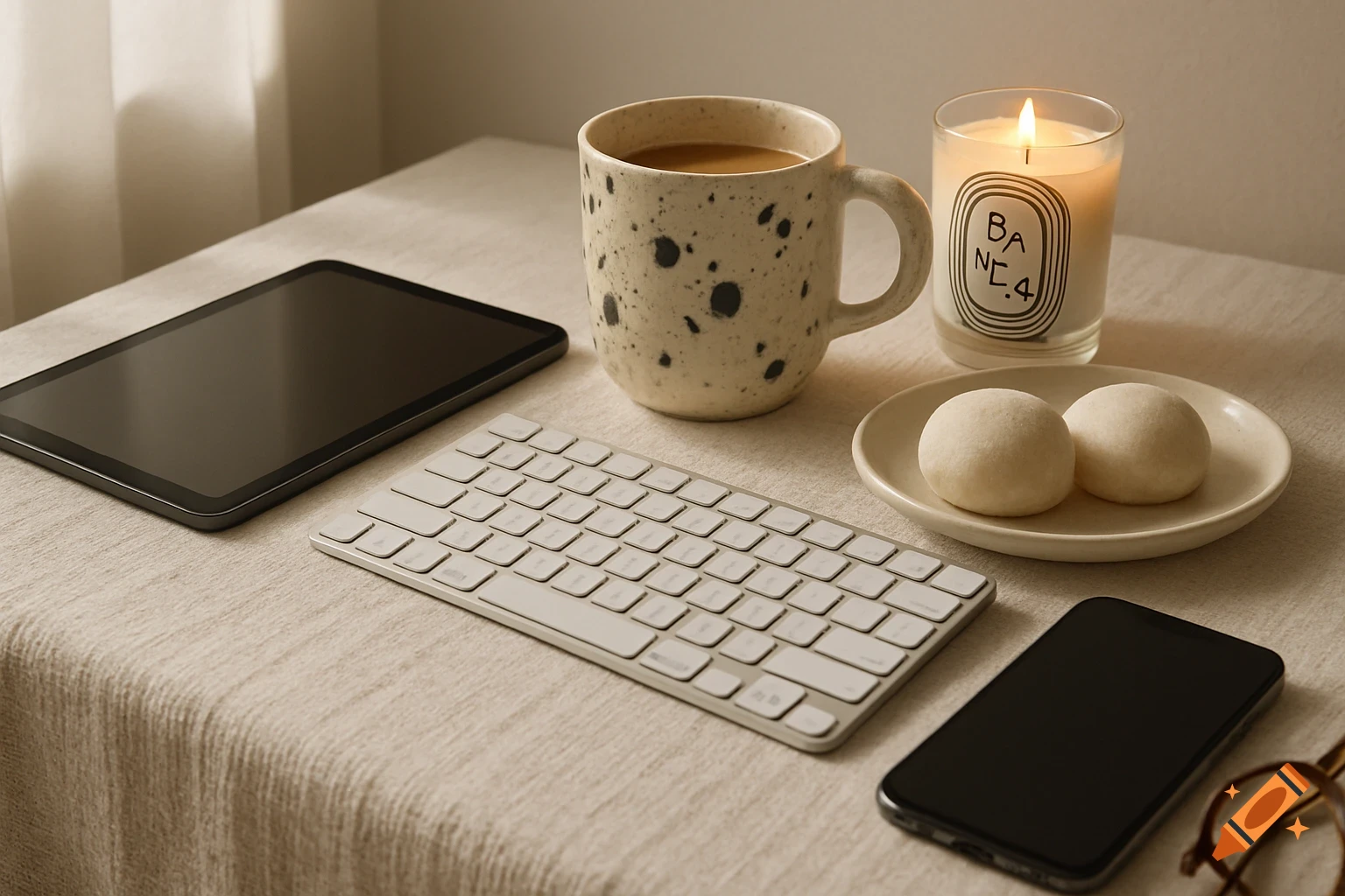 A warm, inviting desk scene with a tablet, keyboard, smartphone, a speckled mug of coffee, a lit candle, and two mochi buns on a plate, on a textured tablecloth.