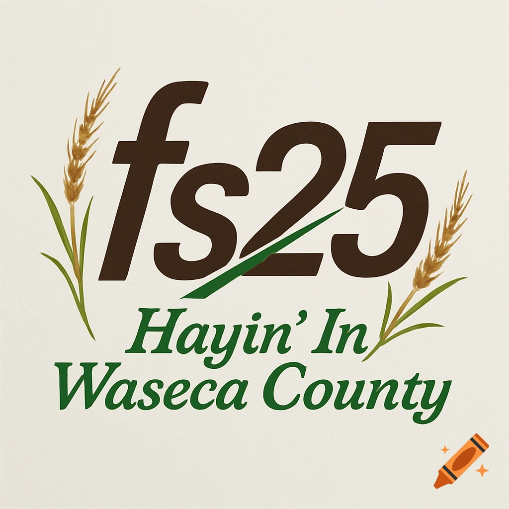 Logo with 'fs25' in brown, 'Hayin' In Waseca County' in green, and wheat stalks on a light background.