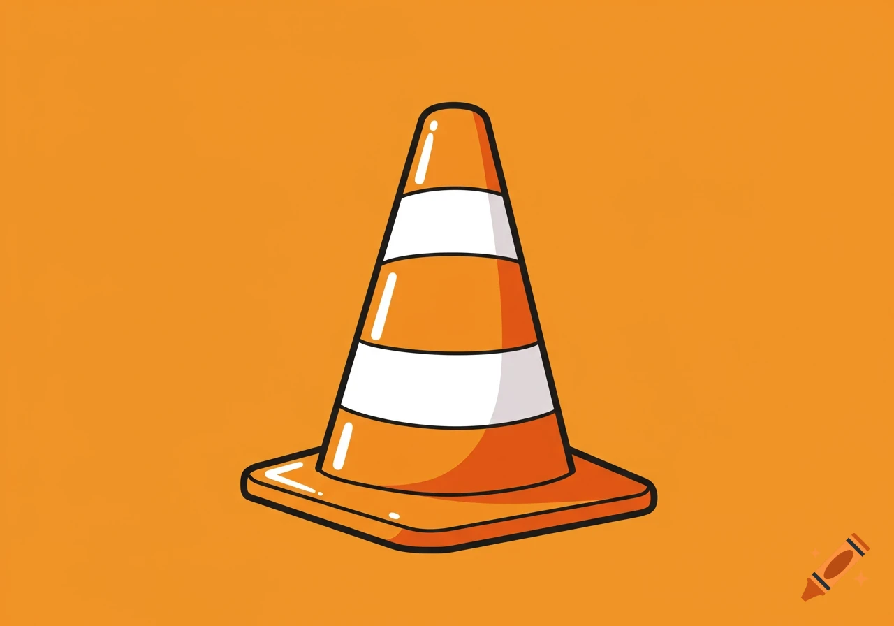 A cartoon orange and white traffic cone on an orange background.