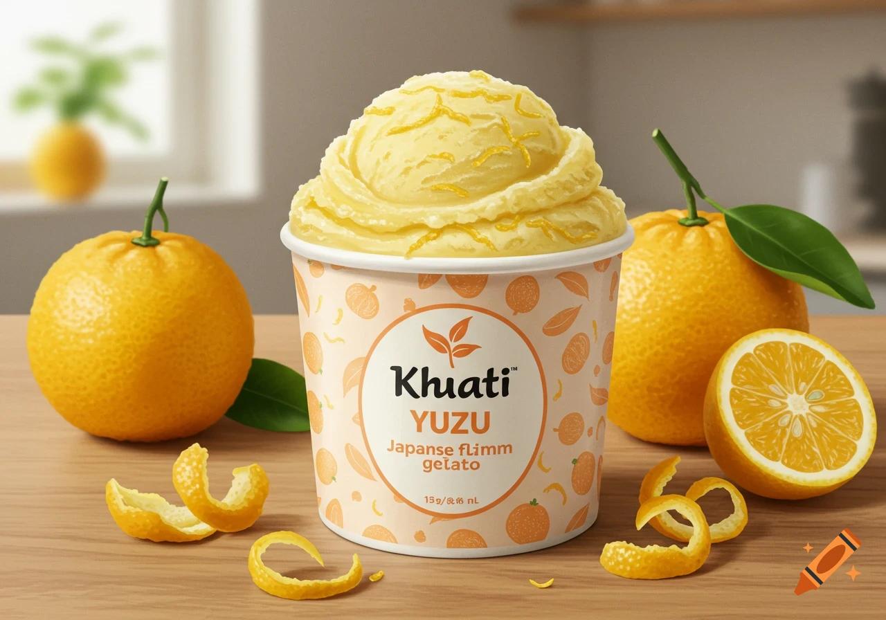 Photorealistic image of a pint of yuzu gelato, garnished with zest, surrounded by whole and sliced yuzu fruit on a wooden table.