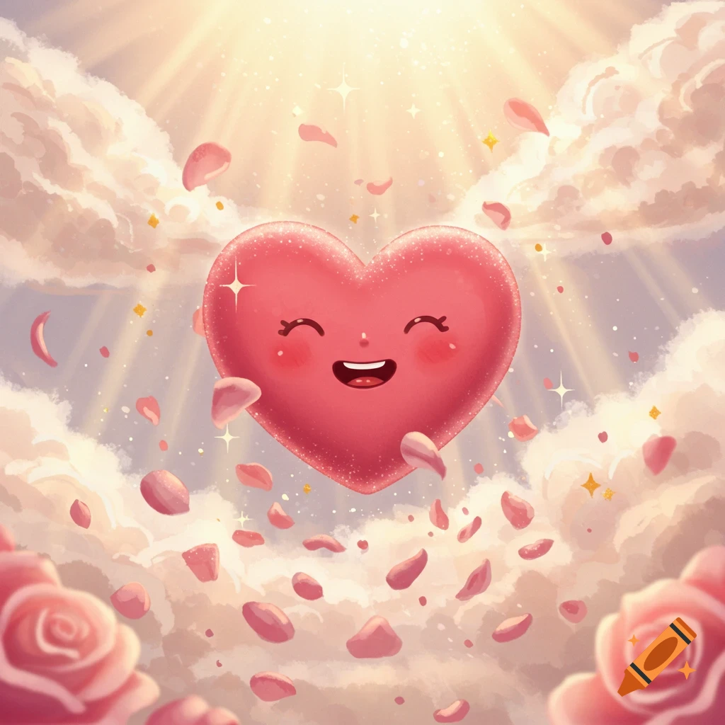 A happy, sparkling pink heart floats in fluffy clouds with sunbeams and falling rose petals.