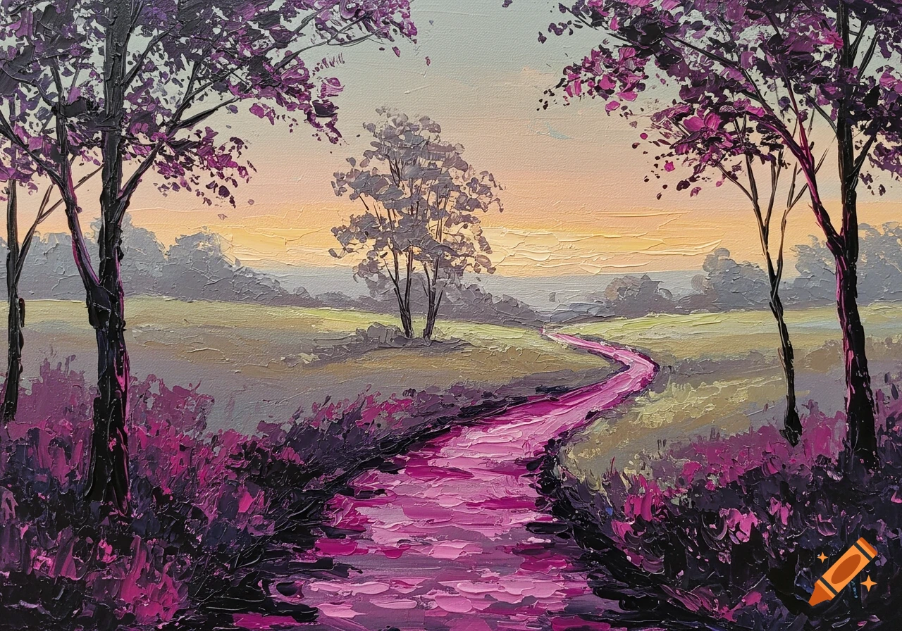 An oil painting of a winding magenta path through a field with purple trees under a sunset sky.