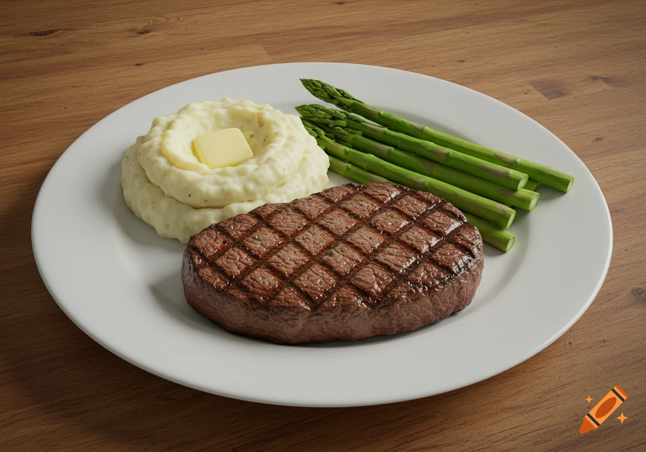 A close-up, high-quality photograph of a dinner plate featuring a grilled steak with grill marks, mashed potatoes with butter, and steamed asparagus on a wooden table.