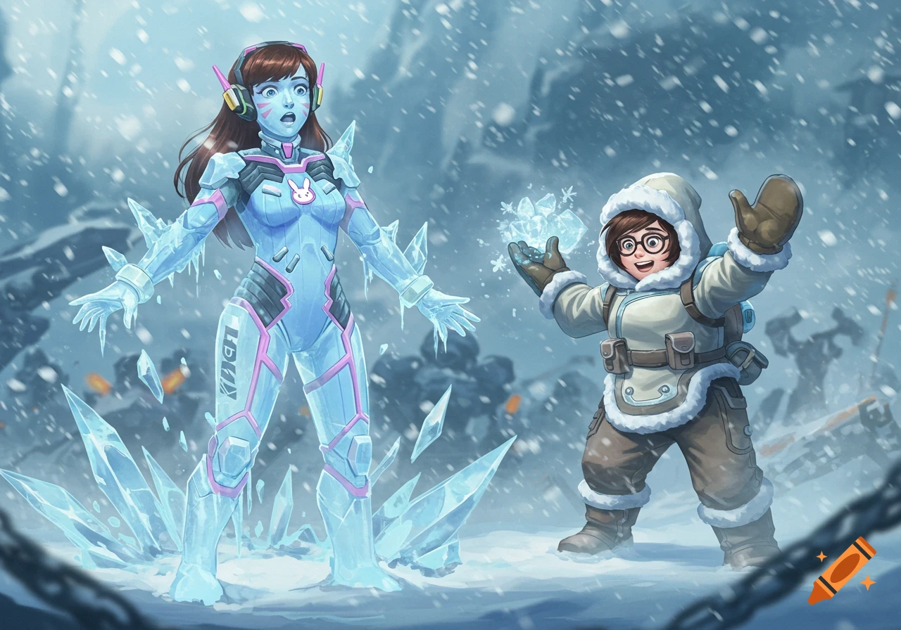 D.Va frozen in an ice statue, looking surprised, while Mei stands nearby holding an ice crystal in a snowy landscape.