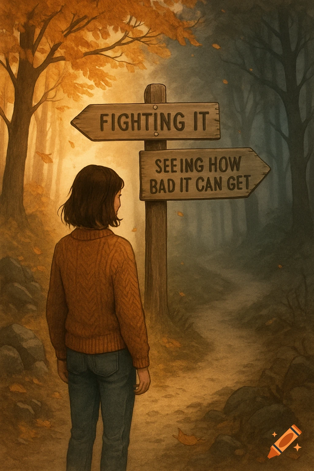 A lone person stands before a weathered wooden signpost in an autumn forest, pointing to 'FIGHTING IT' and 'SEEING HOW BAD IT CAN GET' on two diverging paths.