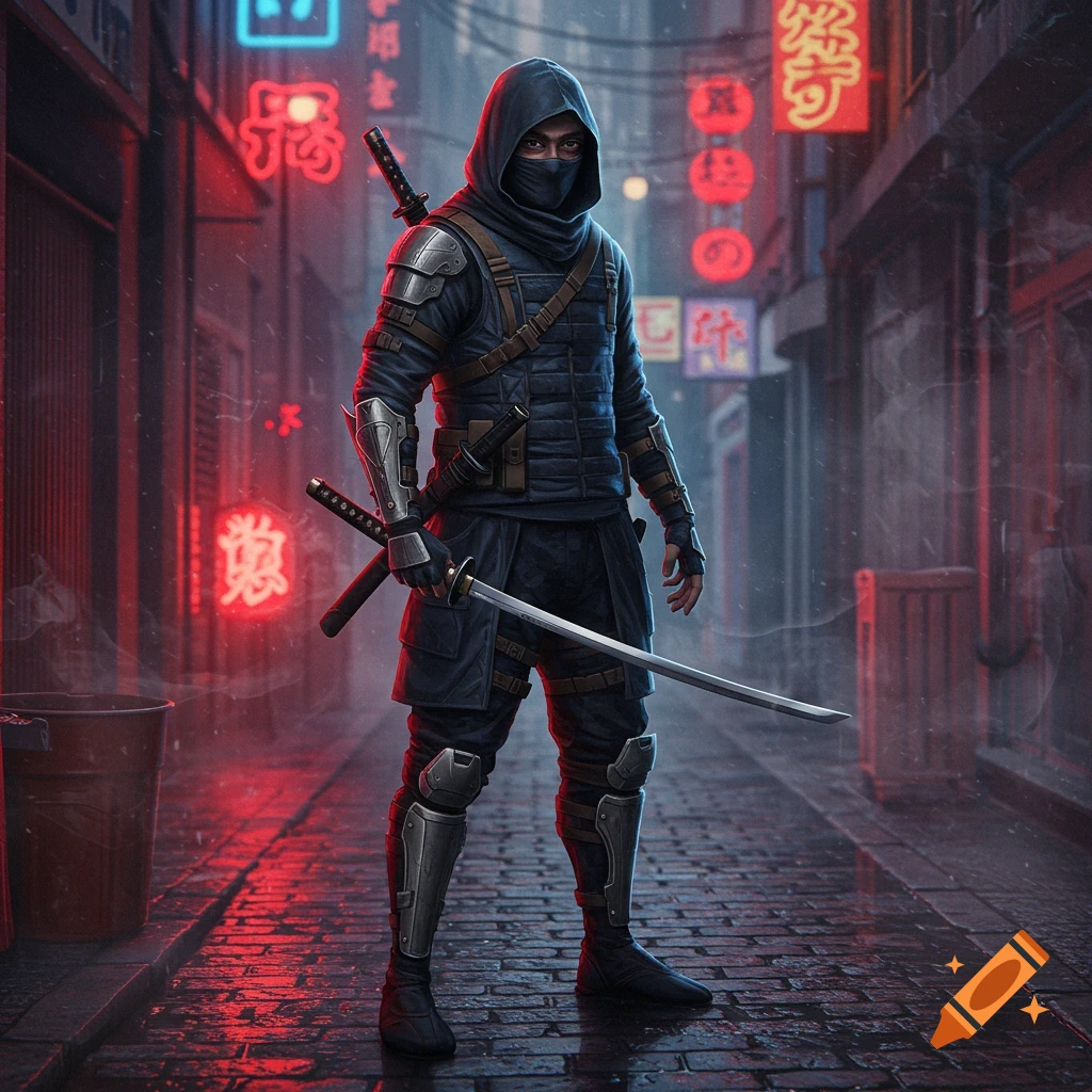 A masked assassin in a hooded cloak and armor stands in a dark, rainy cyberpunk alleyway with a drawn katana, lit by red and blue neon signs.