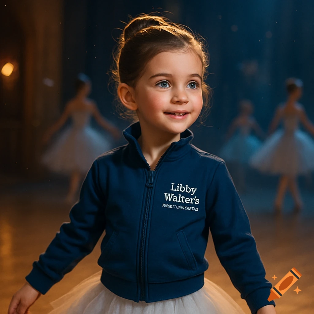 A young girl in a navy blue dance jacket and white tutu smiles in a ballet studio.