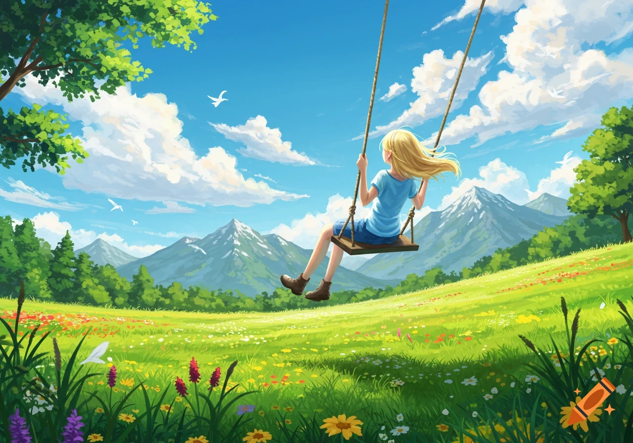 A blonde girl swings happily over a vast green field with wildflowers, surrounded by lush trees and snow-capped mountains under a clear blue sky.