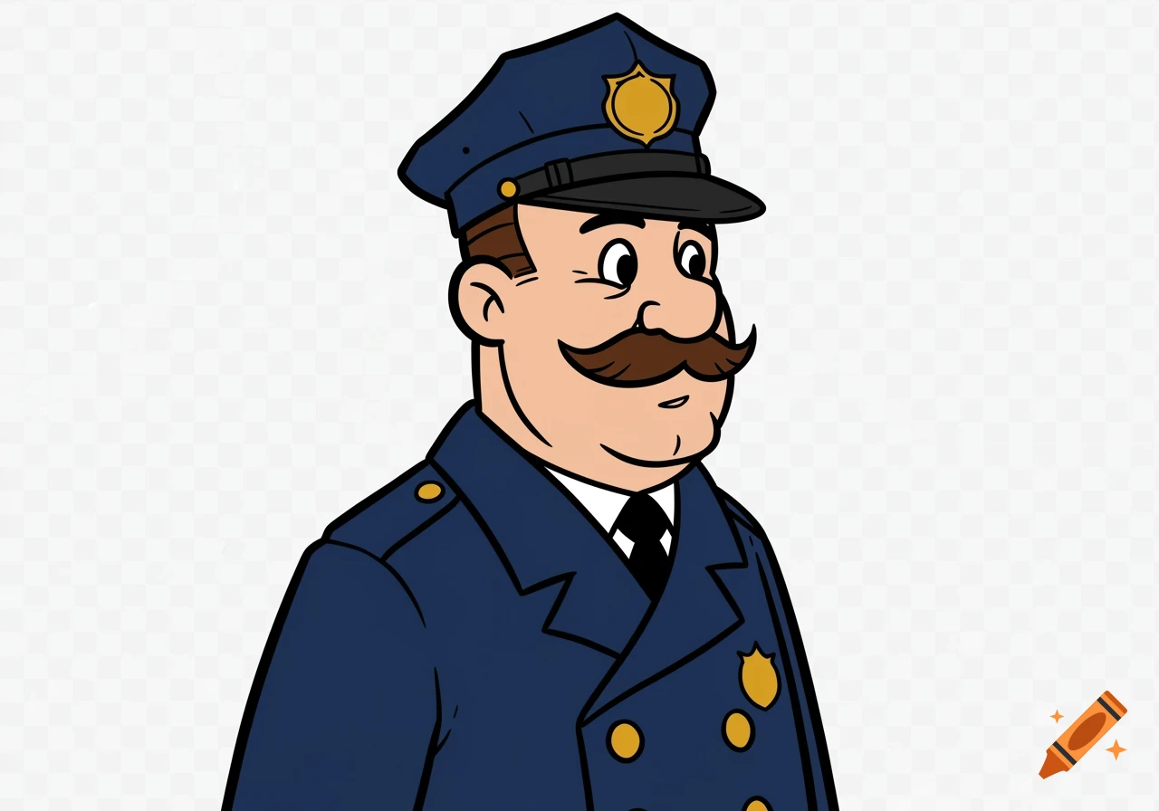 A cartoon drawing of a policeman in a blue uniform and cap with a prominent mustache, on a transparent background.