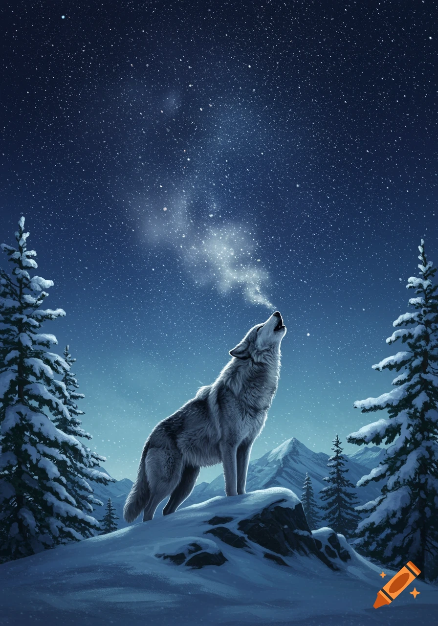 A wolf howls on a snowy mountain under a starry night sky, with its breath forming stardust.