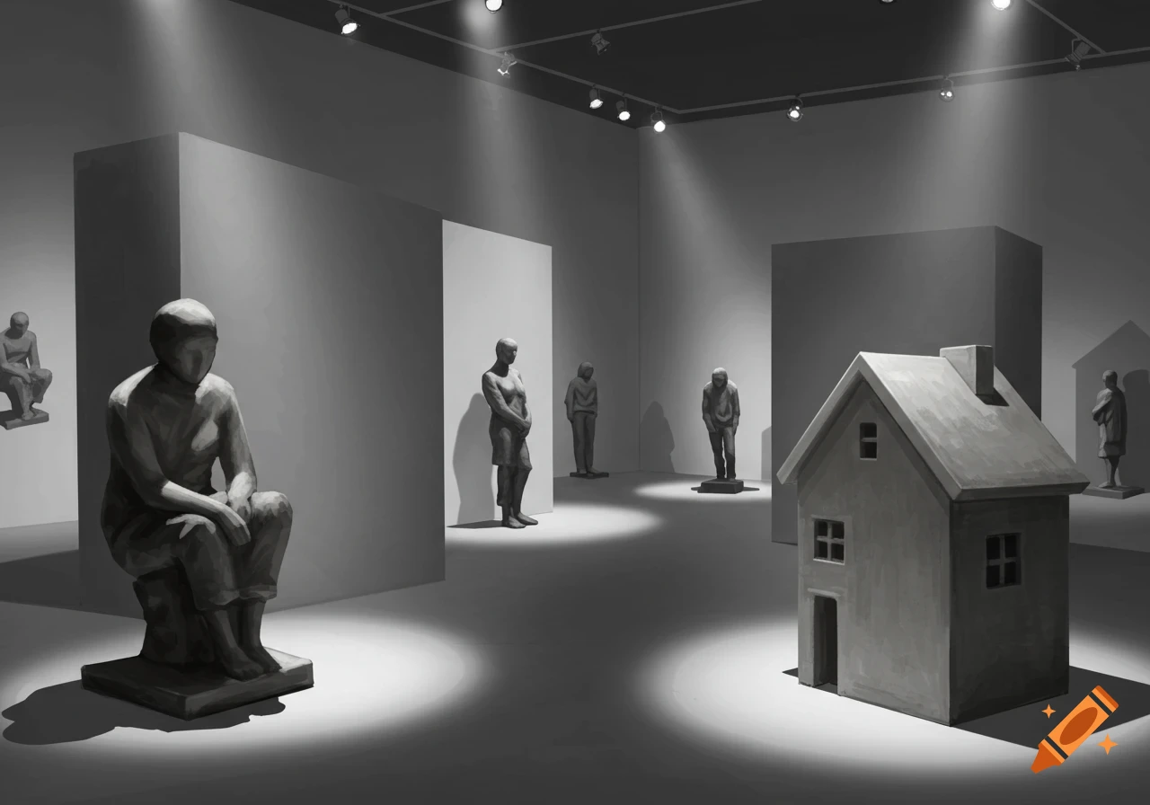 A monochrome art gallery with abstract human sculptures and a simplified house model, illuminated by spotlights.