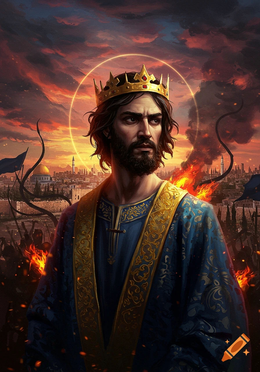 A bearded king with a gold crown and blue robe stands against a dramatic sunset sky, with a burning ancient city in the background in a painted style.
