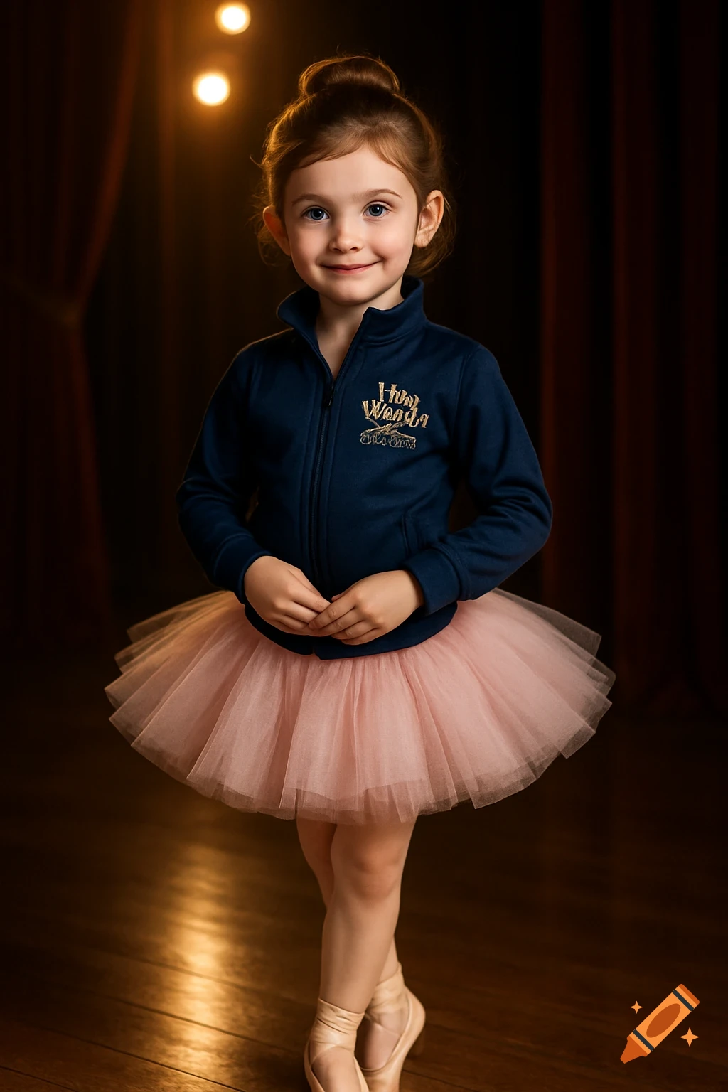 A smiling young girl in a navy blue jacket and pink ballet tutu stands on a dark wooden stage with warm lights behind her.
