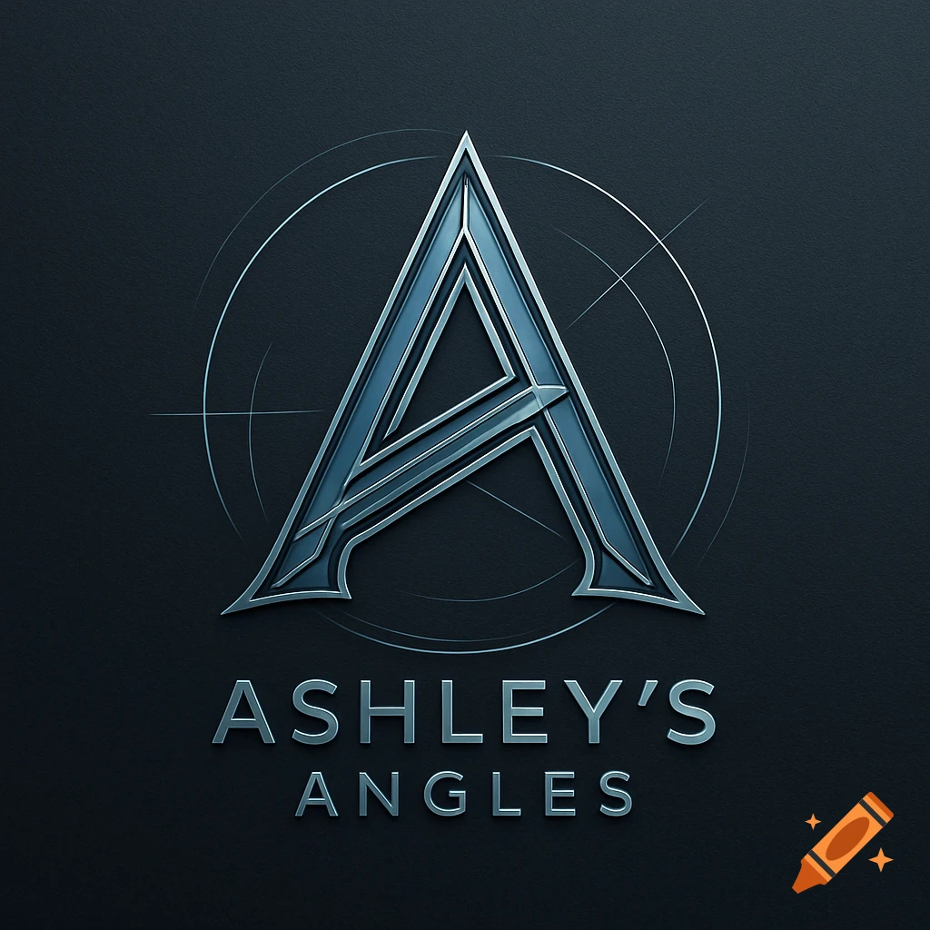 Metallic stylized letter A logo above 'ASHLEY'S ANGLES' on a dark background.