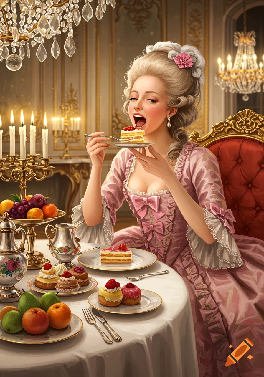 Marie Antoinette in an opulent room, joyfully eating a slice of cake at a lavish table with desserts and fruit.