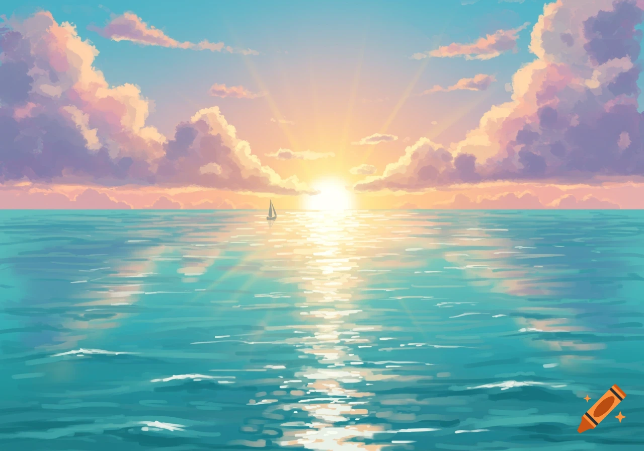 Stylized illustration of a vibrant sunrise over a calm turquoise ocean with a distant sailboat and colorful clouds.