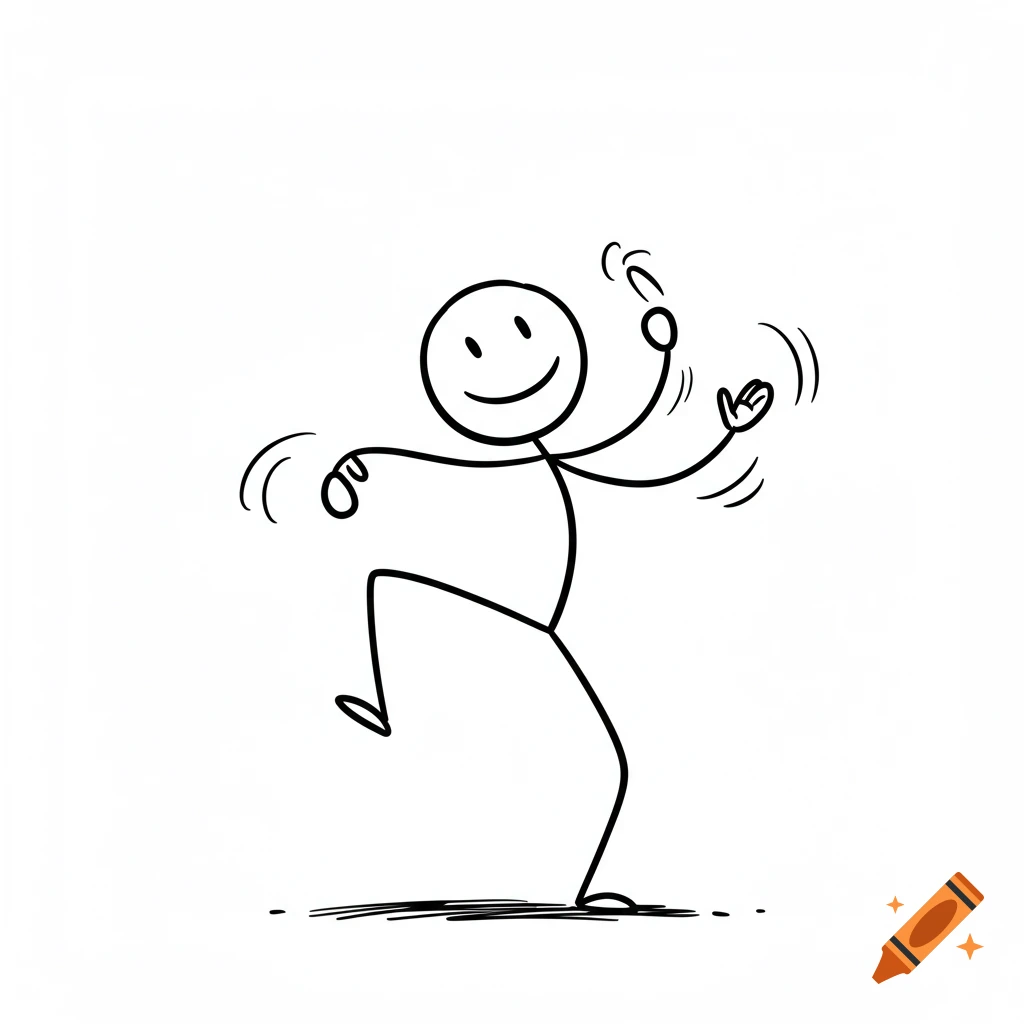A smiling stick figure with motion lines around its hands and feet, appearing to dance.