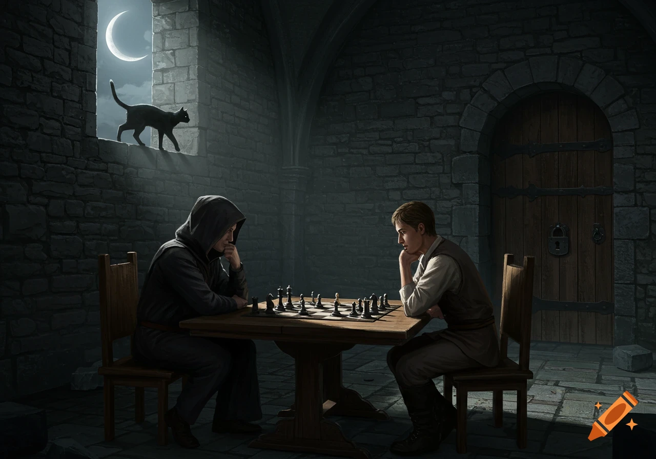 Two figures play chess in a dimly lit stone room, one hooded and one in simple attire. A black cat walks on a window ledge with a crescent moon visible.