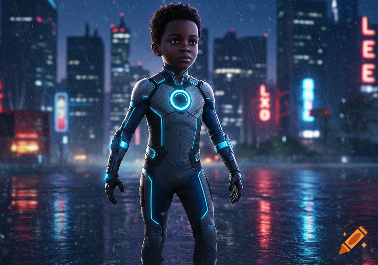 A young Black boy in a glowing blue and gray superhero suit stands in a rainy futuristic city.