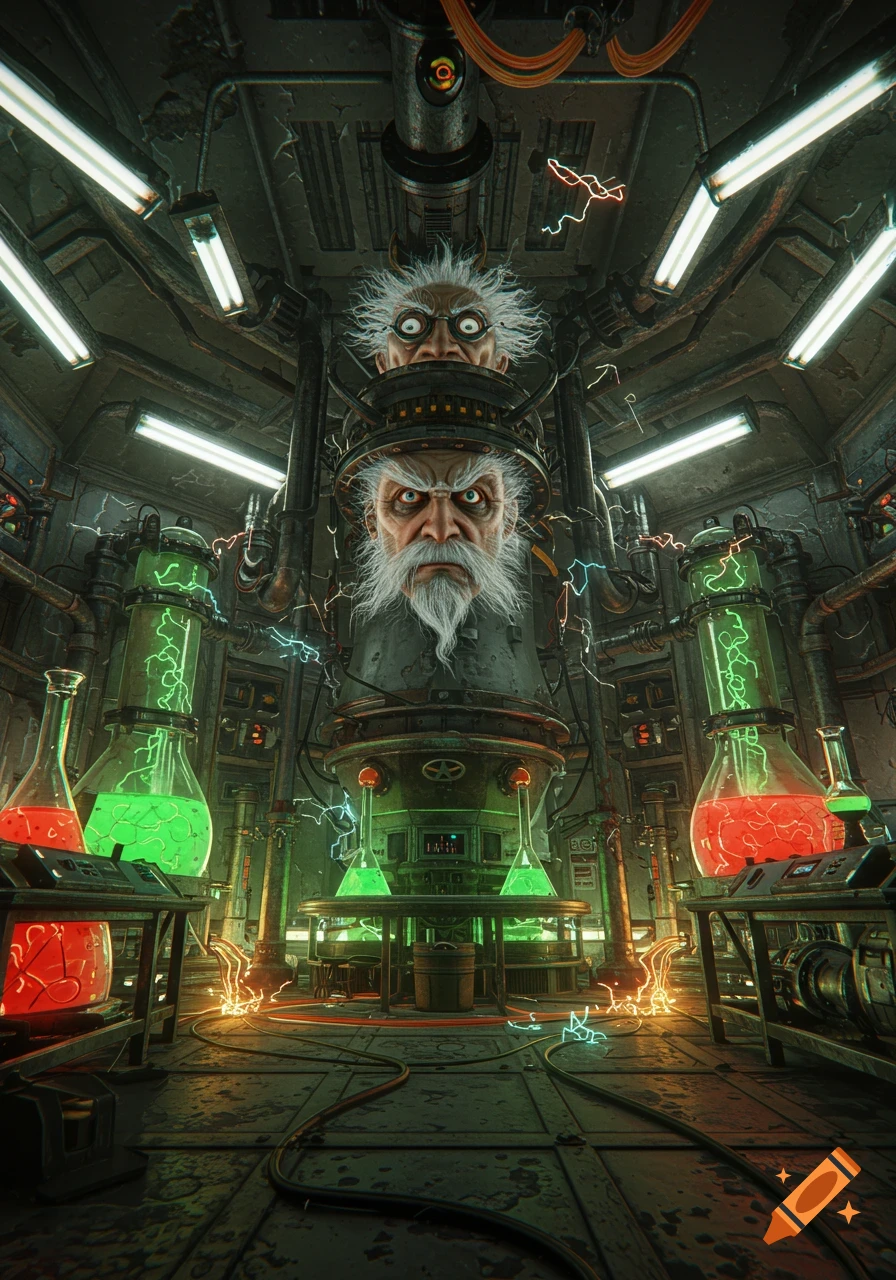 A menacing mad scientist's head emerges from a complex, futuristic laboratory filled with glowing green and red liquids, electrical arcs, and machinery.