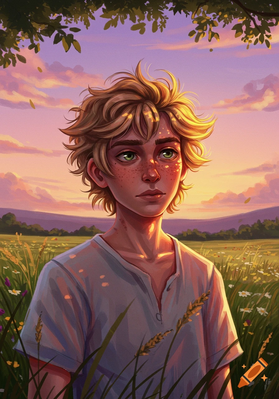 A young person with dirty blonde hair and green eyes looks out in a field at sunset. Stylized illustration.