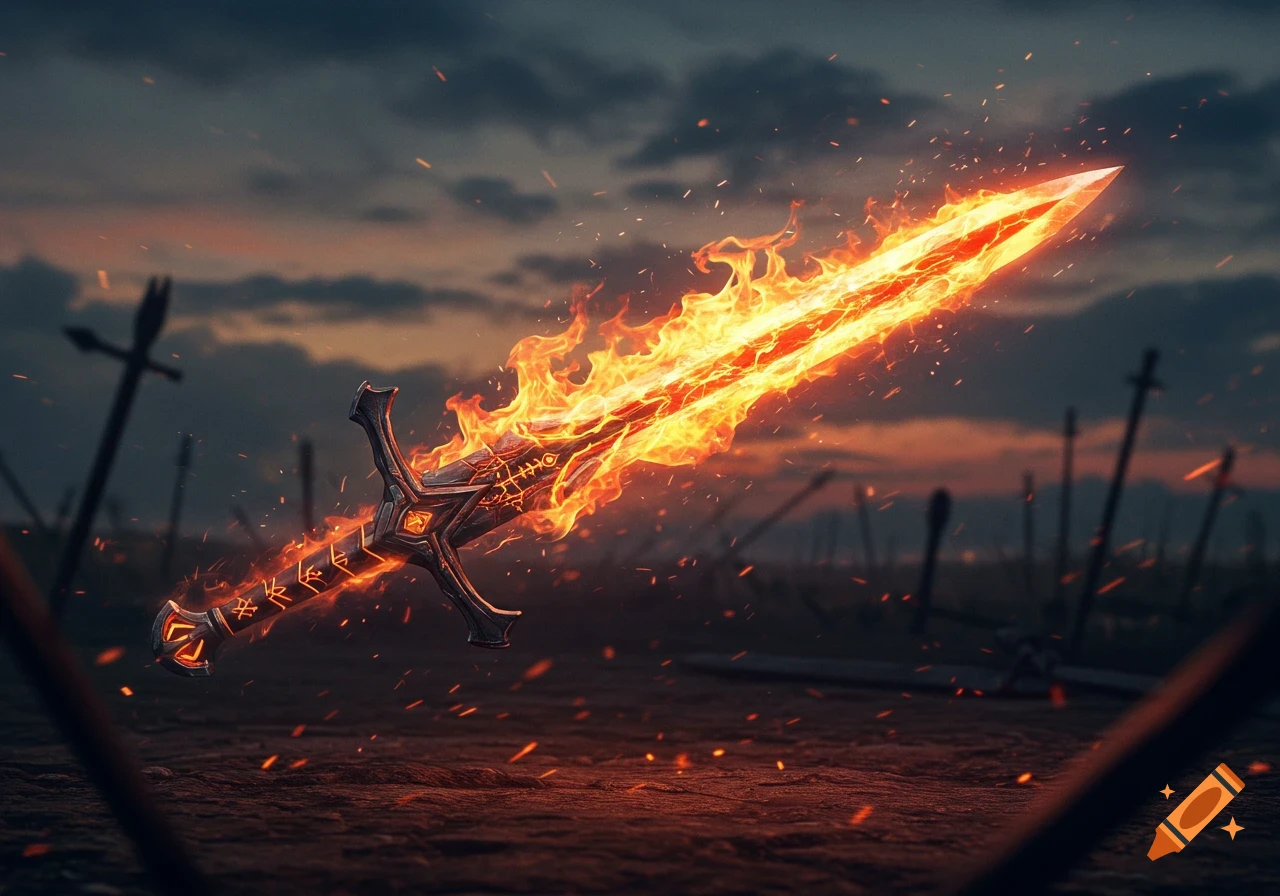 An ornate, dark sword with glowing runes on its hilt is engulfed in bright orange and yellow flames, floating above a battlefield at sunset.