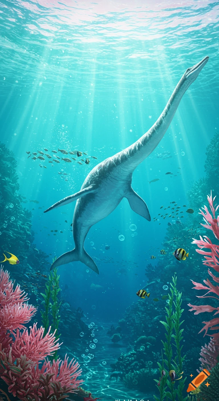 A long-necked mosasaurus swims towards the surface in a vibrant blue ocean, with sun rays piercing through the water, surrounded by colorful coral and schools of fish.