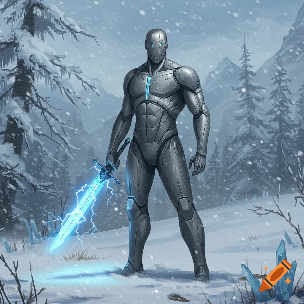 A humanoid figure in a grey armored suit holds a glowing blue electric sword in a snowy mountain forest.