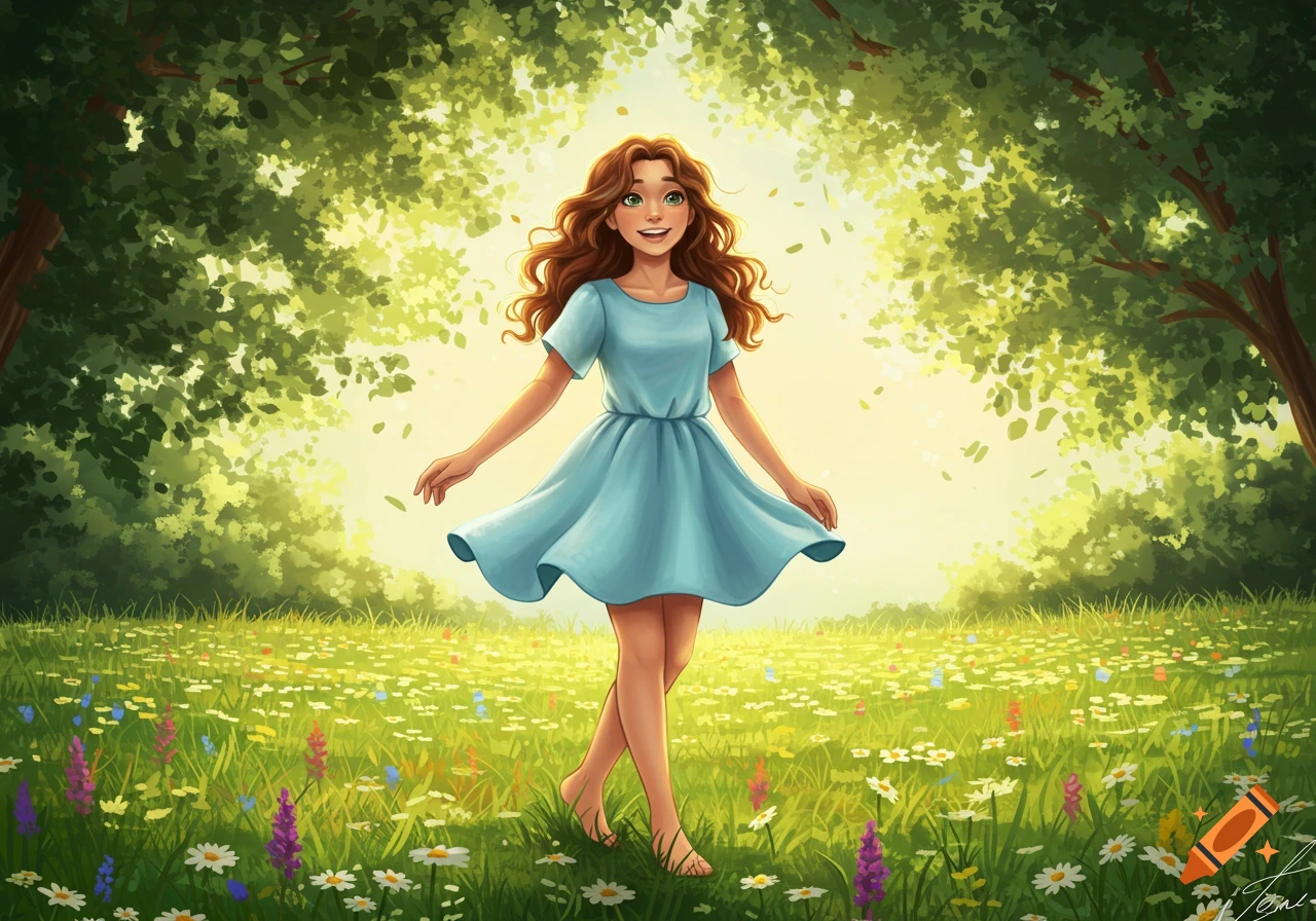 An illustration of a smiling girl with brown hair in a blue dress, standing in a field of wildflowers under sunlit trees.