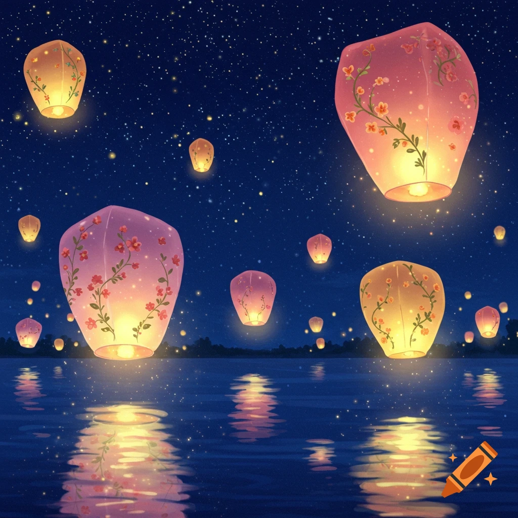 Numerous glowing floral sky lanterns float over water at night, reflecting on the surface under a starry sky.