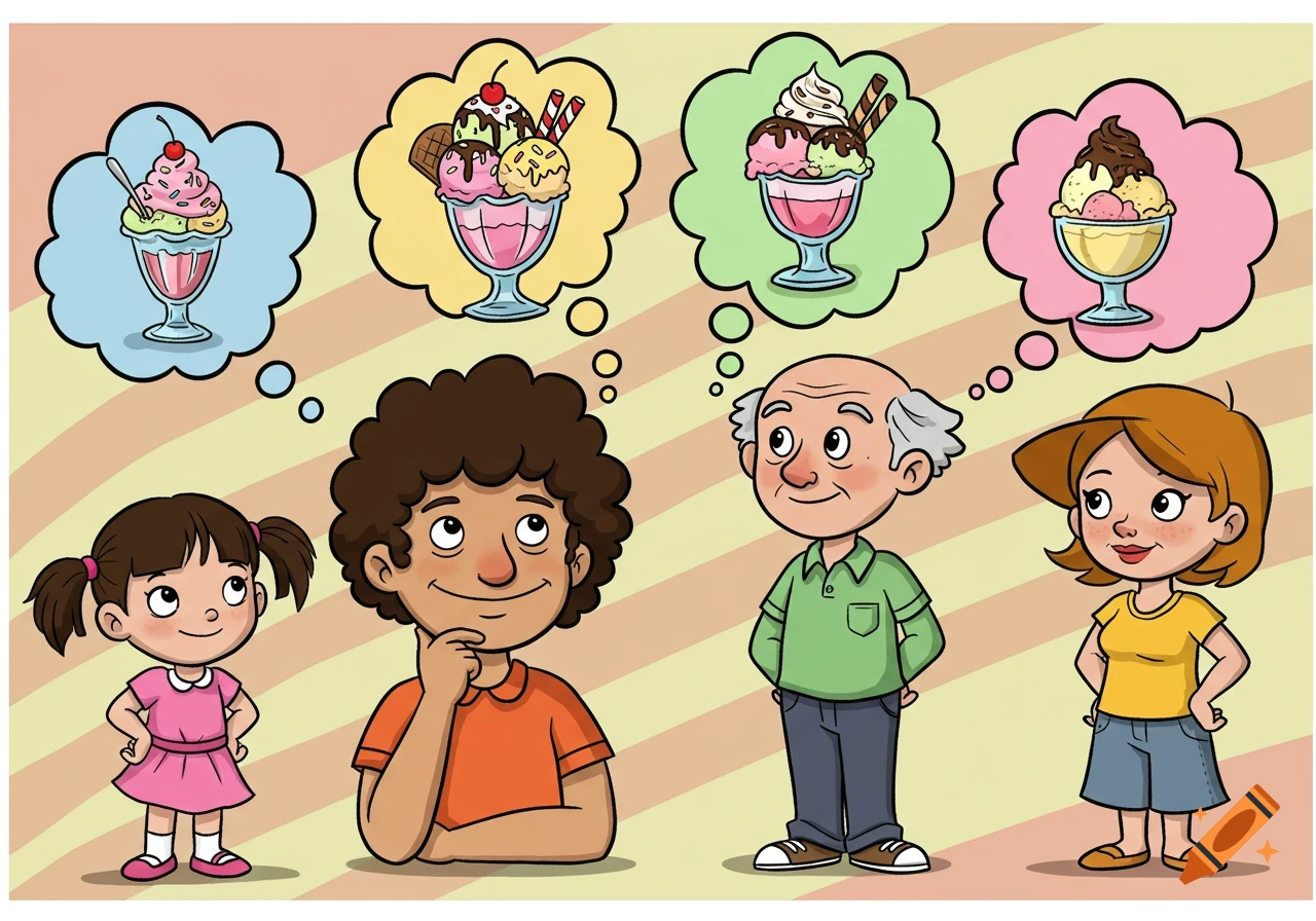 A cartoon of a young girl, a boy, an elderly man, and a woman, all looking up with thought bubbles above their heads showing different ice cream sundaes.