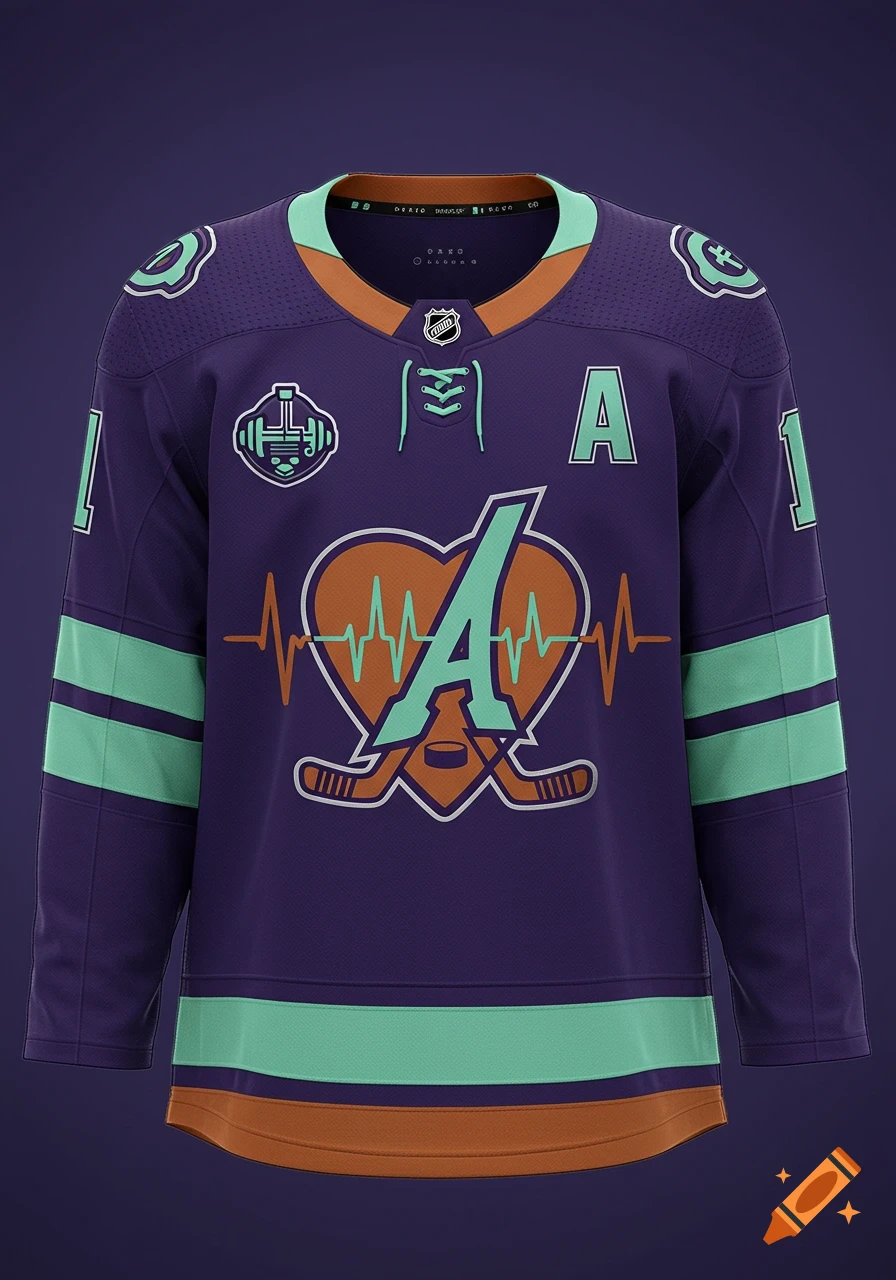 A photorealistic deep indigo purple hockey jersey with a burnt orange heart logo featuring a cool mint 'A' and heartbeat waveform. It has mint green sleeve stripes and silver numbers.