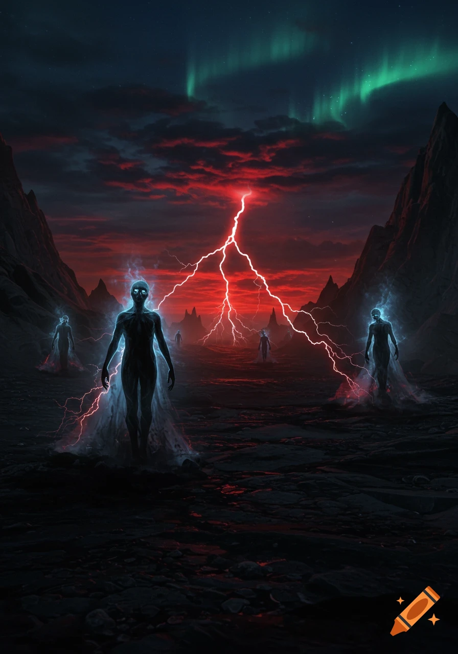An eerie dark fantasy landscape with glowing humanoid figures, red lightning, and green aurora borealis.