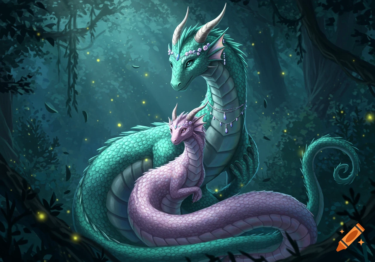 A large teal dragon and a smaller pink dragon nestled together in a mystical, glowing forest.
