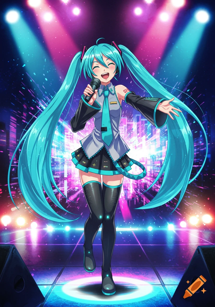 Hatsune Miku with long teal pigtails sings on a stage under vibrant pink and blue spotlights, holding a microphone.