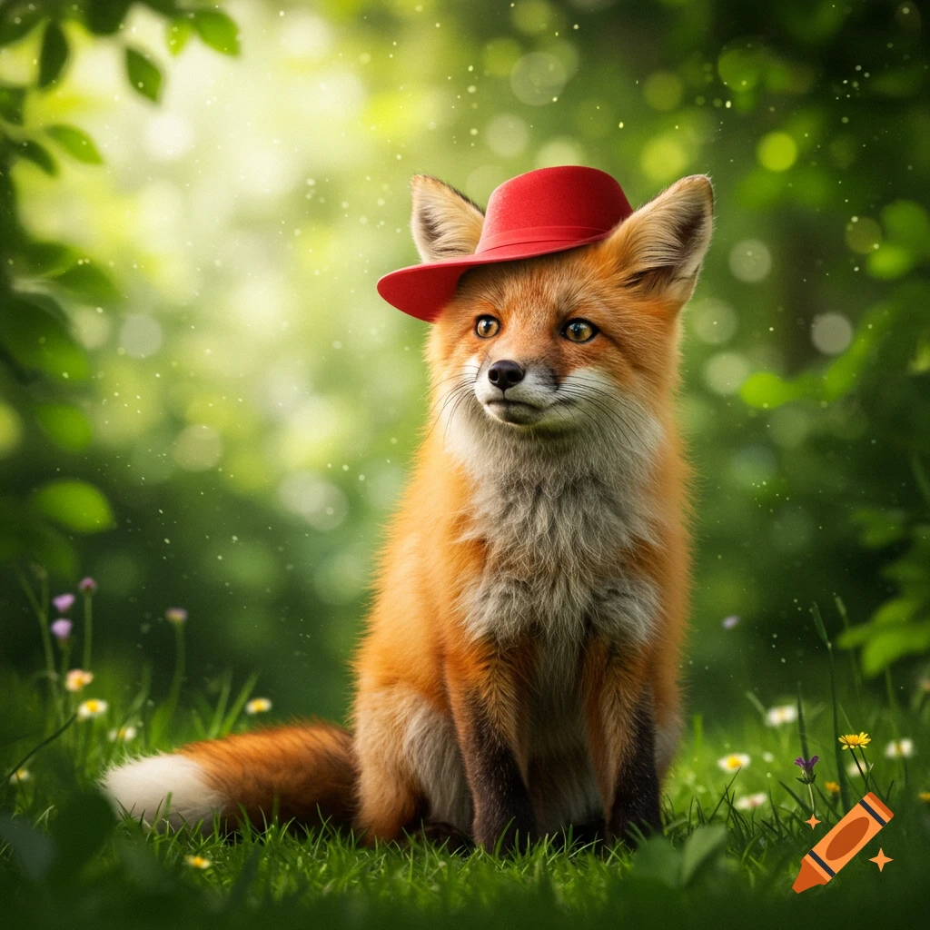 A cute photorealistic fox wearing a red hat sits in a grassy forest with soft bokeh lights.