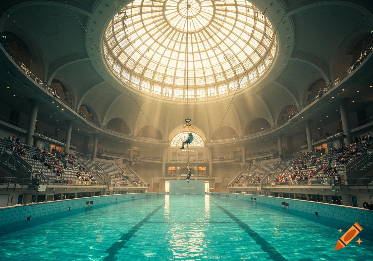 Photorealistic image of a large indoor swimming pool with bleachers, illuminated by sunlight streaming through a grand glass dome. Two people are on a zipline across the pool.