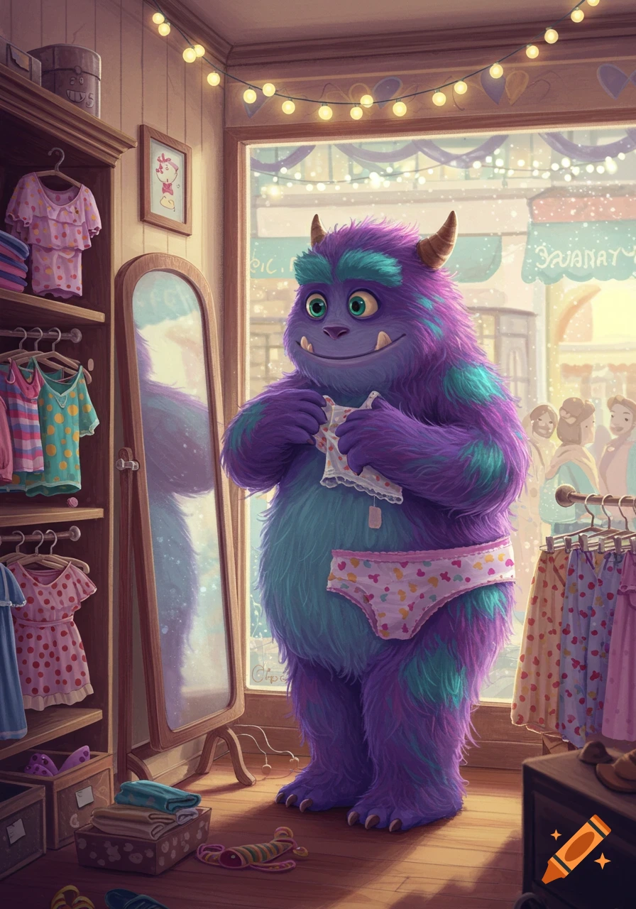 A friendly purple and blue furry monster wearing polka-dot underwear holds up a piece of clothing in a brightly lit dressing room.